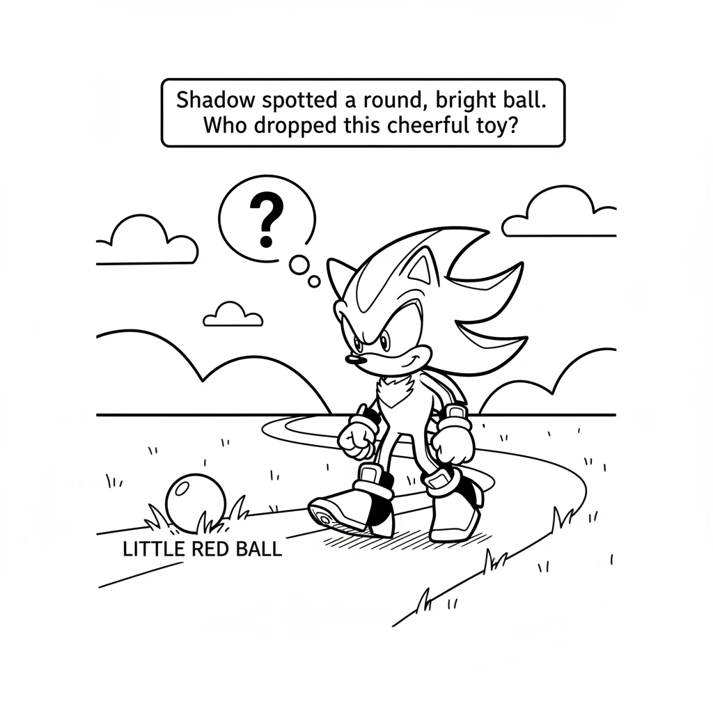 As Shadow walked along a winding path, his keen eyes spotted something round and bright. It was a little red ball, perfectly still in the grass. He wo