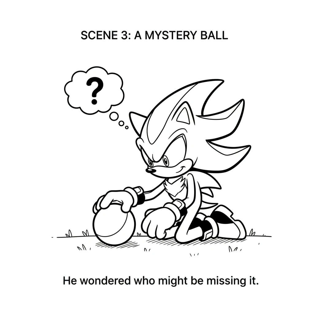 Carefully, Shadow knelt down and gently picked up the lost ball. It felt smooth and light in his hand. A little thought bubble with a question mark ap