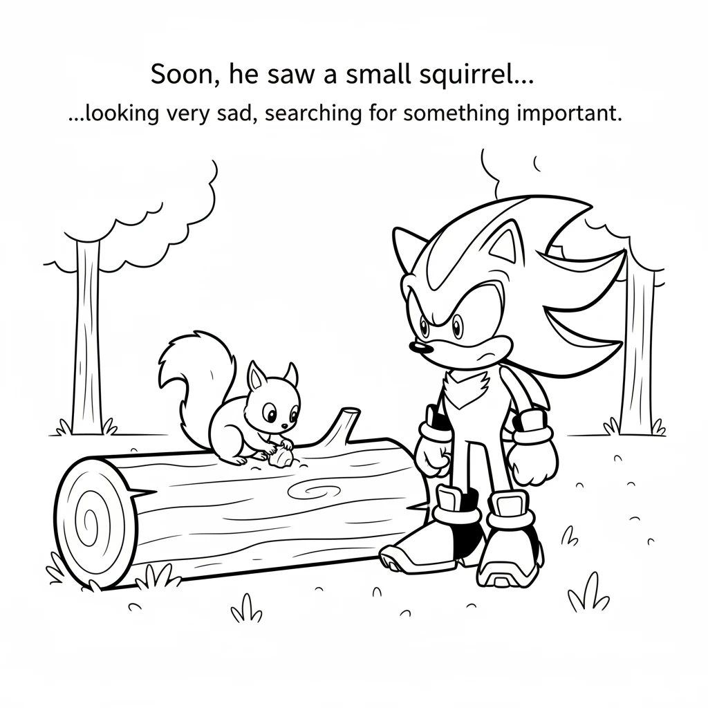 Soon, he saw a small squirrel sitting on a log, looking very sad. Its little head was bowed, and its tail drooped. The squirrel seemed to be searching