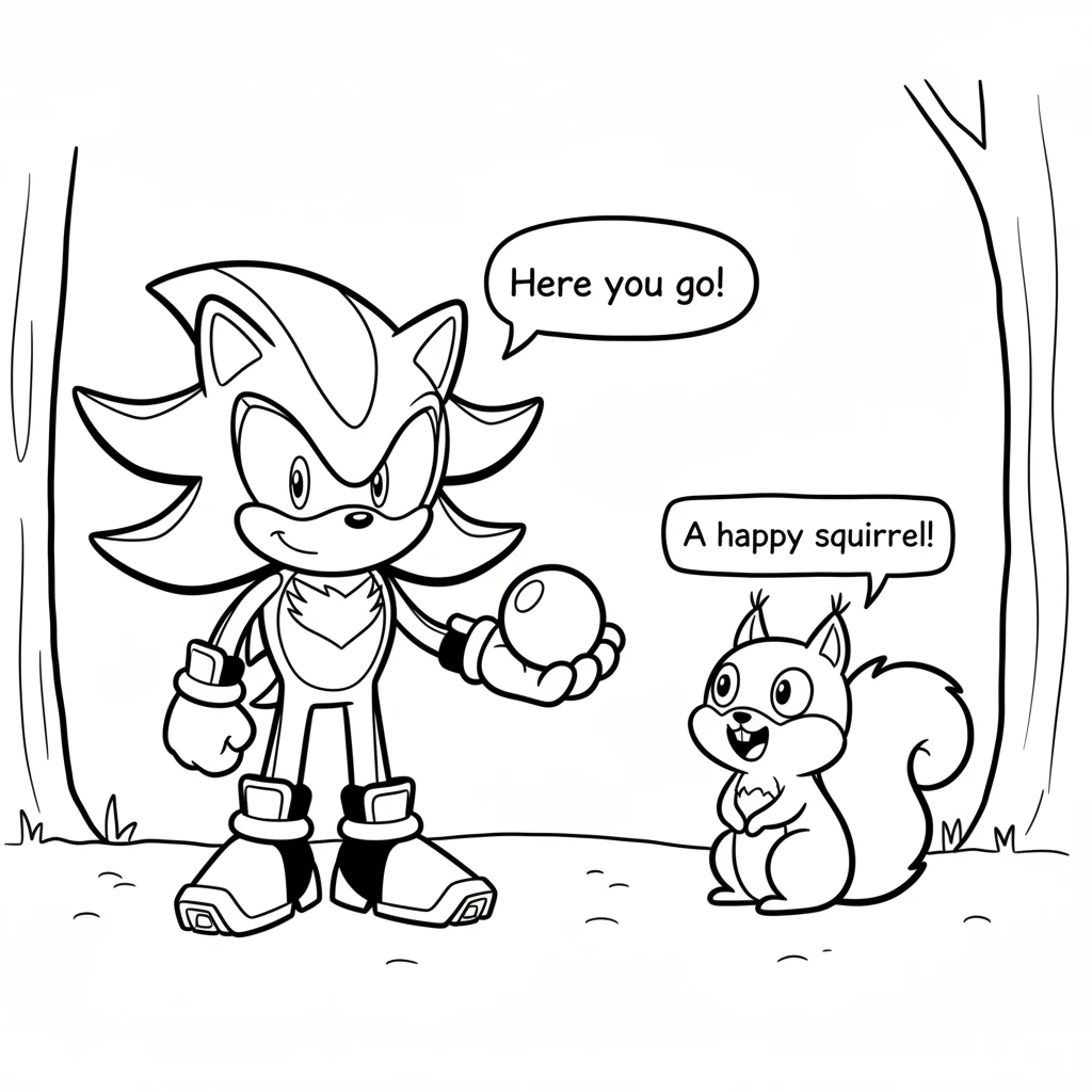 With a gentle smile, Shadow walked up to the sad squirrel and held out the red ball. The squirrel looked up, its eyes widening with surprise and then