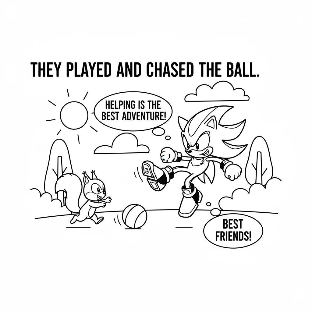 Now, Shadow and the squirrel played together under the sunny sky, kicking and chasing the red ball. The forest felt brighter, and Shadow knew that hel