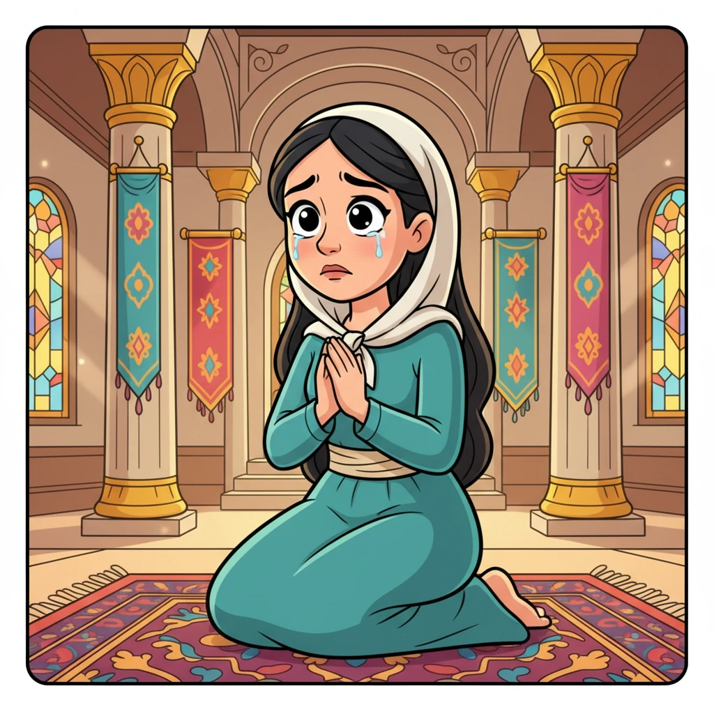 Hana, seorang wanita yang baik hati, sangat sedih karena ia tidak punya anak. Ia berdoa dengan sungguh-sungguh kepada Tuhan di Bait Allah, memohon agar diberi seorang putra. Air matanya menetes, namun hatinya penuh harapan akan janji Tuhan. Ilustrasi: Hana berlutut di Bait Allah, berdoa dengan wajah sedih namun penuh harap, latar belakang interior Bait Allah yang megah.