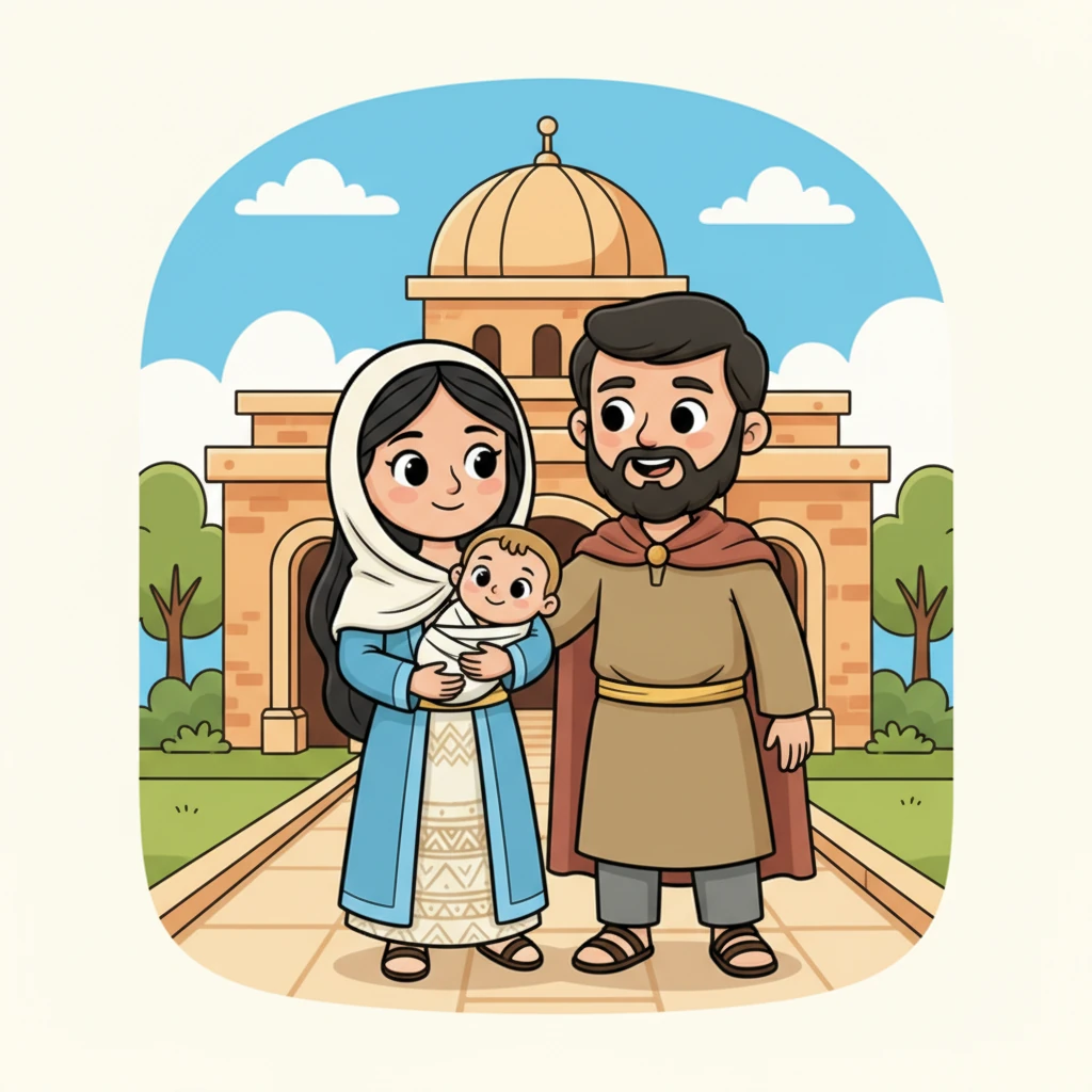 Tuhan mendengar doa Hana! Tak lama kemudian, lahirlah bayi mungil yang diberi nama Samuel. Hana sangat bersukacita dan menepati janjinya untuk membawa Samuel ke Bait Allah untuk melayani Tuhan seumur hidupnya. Ilustrasi: Hana tersenyum bahagia menggendong bayi Samuel yang mungil, di sampingnya suaminya, Elkana, juga tersenyum. Warna-warna cerah dan hangat.