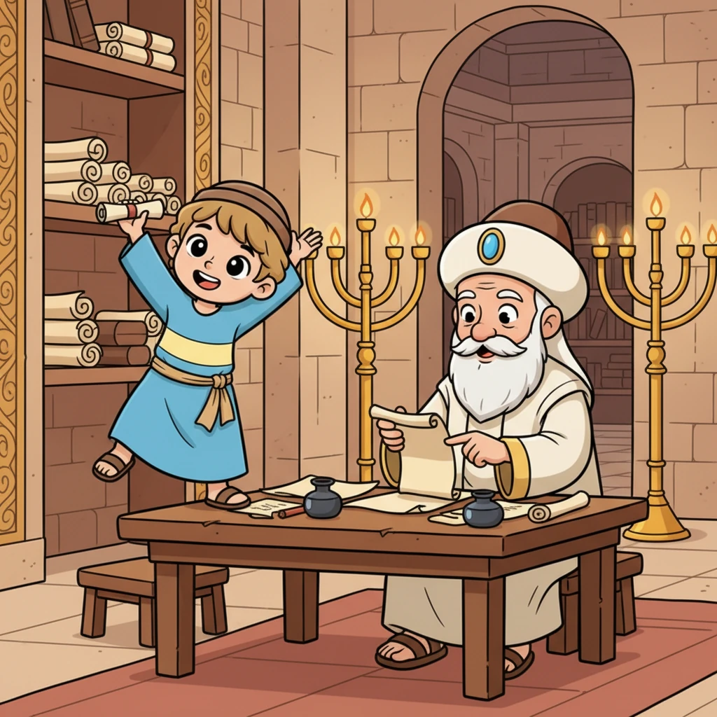 Samuel kecil tumbuh besar di Bait Allah yang megah, tinggal bersama Imam Eli yang baik hati. Ia belajar banyak hal tentang melayani Tuhan dan selalu membantu Eli. Samuel adalah anak yang penurut dan selalu siap sedia. Ilustrasi: Samuel kecil yang ceria dan lincah membantu Imam Eli yang tua dan bijaksana di dalam Bait Allah, terlihat beberapa gulungan kitab dan pelita.