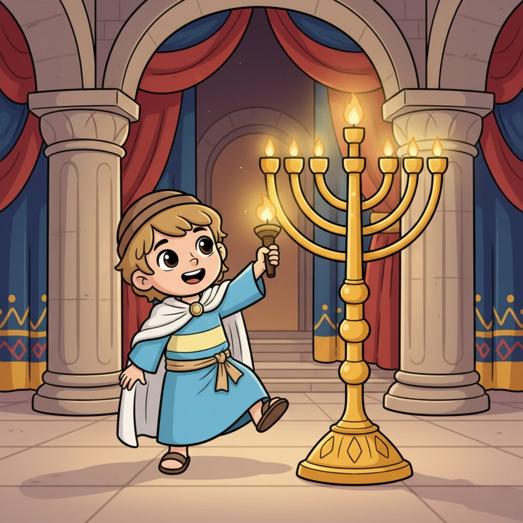 Setiap hari, Samuel mengenakan jubah kecilnya dan membantu di Bait Allah. Ia membersihkan, menyalakan pelita, dan melakukan tugas-tugas kecil lainnya dengan hati gembira. Wajahnya yang ceria selalu menunjukkan semangat melayani. Ilustrasi: Samuel dengan jubah pelayannya, tersenyum sambil menyalakan pelita besar di Bait Allah, cahaya hangat menerangi wajahnya.