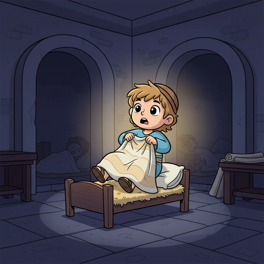 Suatu malam, ketika semua orang sudah tidur lelap, Samuel mendengar suara memanggil namanya, "Samuel! Samuel!" Ia terbangun kaget dan mengira itu adalah Imam Eli. Suara itu terdengar lembut namun jelas dalam kegelapan. Ilustrasi: Samuel terlonjak bangun dari tempat tidurnya yang sederhana, matanya lebar karena terkejut, suasana malam yang tenang di Bait Allah.