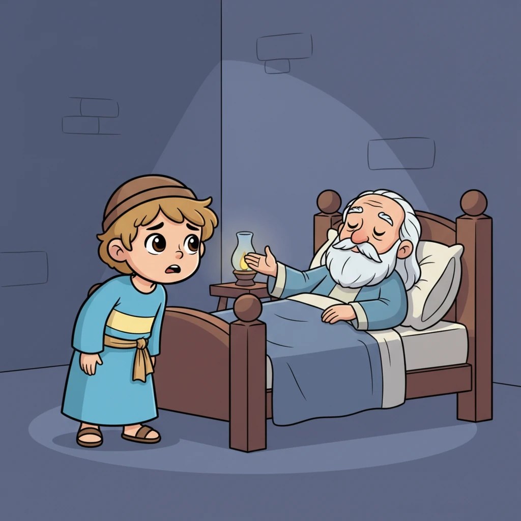 Samuel segera berlari ke tempat Imam Eli tidur, mengira Eli memanggilnya. "Ini aku, Imam Eli, ada apa?" tanyanya dengan napas terengah-engah. Eli yang tua tersenyum dan berkata, "Aku tidak memanggilmu, anakku. Kembalilah tidur." Ilustrasi: Samuel yang kecil berdiri di samping tempat tidur Imam Eli, Eli mengangkat tangannya dengan lembut, suasana masih gelap dan tenang.