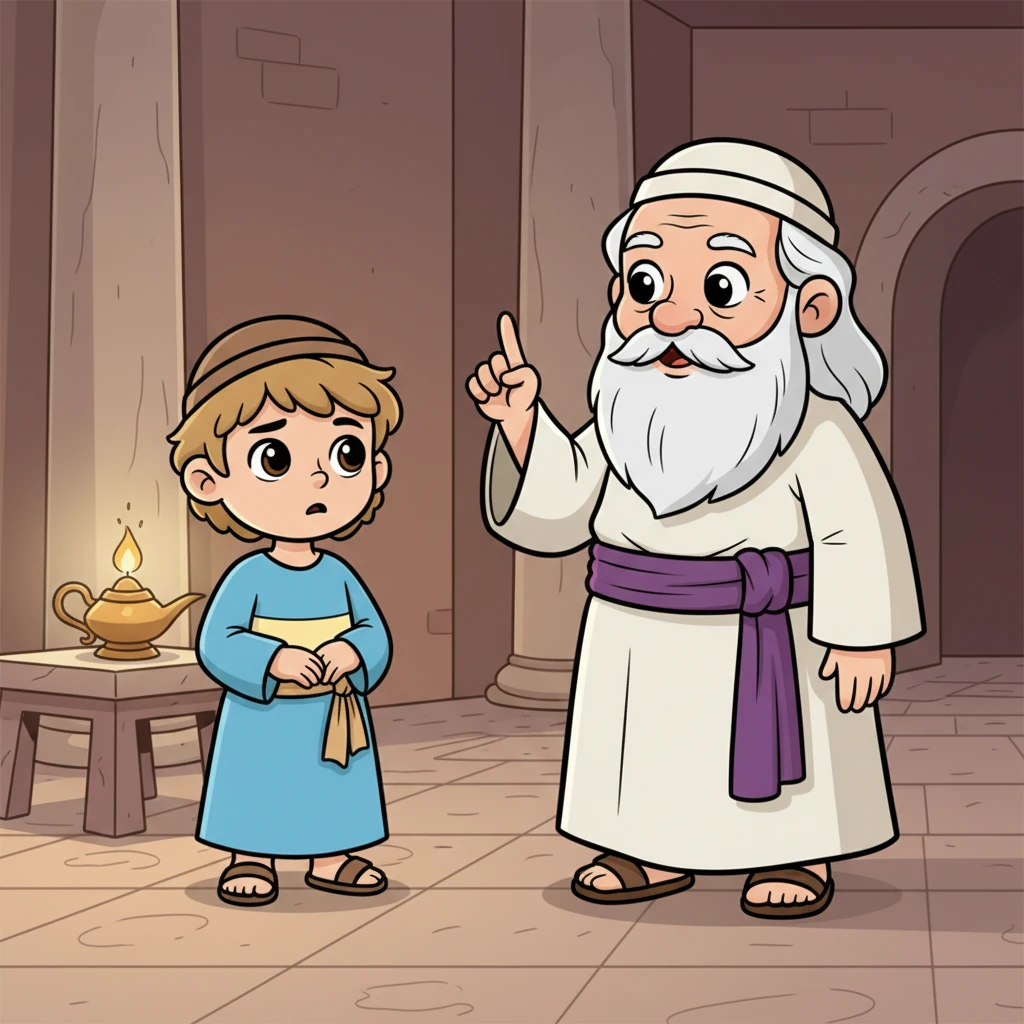 Suara itu memanggil Samuel lagi, "Samuel! Samuel!" Sekali lagi ia berlari ke Eli, yang kini menyadari sesuatu yang istimewa sedang terjadi. Eli berkata, "Jika Dia memanggilmu lagi, katakan: Berbicaralah, Tuhan, hamba-Mu mendengarkan." Samuel kembali ke tempat tidurnya, hatinya berdebar. Ilustrasi: Samuel berdiri di samping Eli lagi, Eli menunjuk ke atas dengan ekspresi bijaksana, Samuel terlihat sedikit bingung tapi siap mendengarkan.