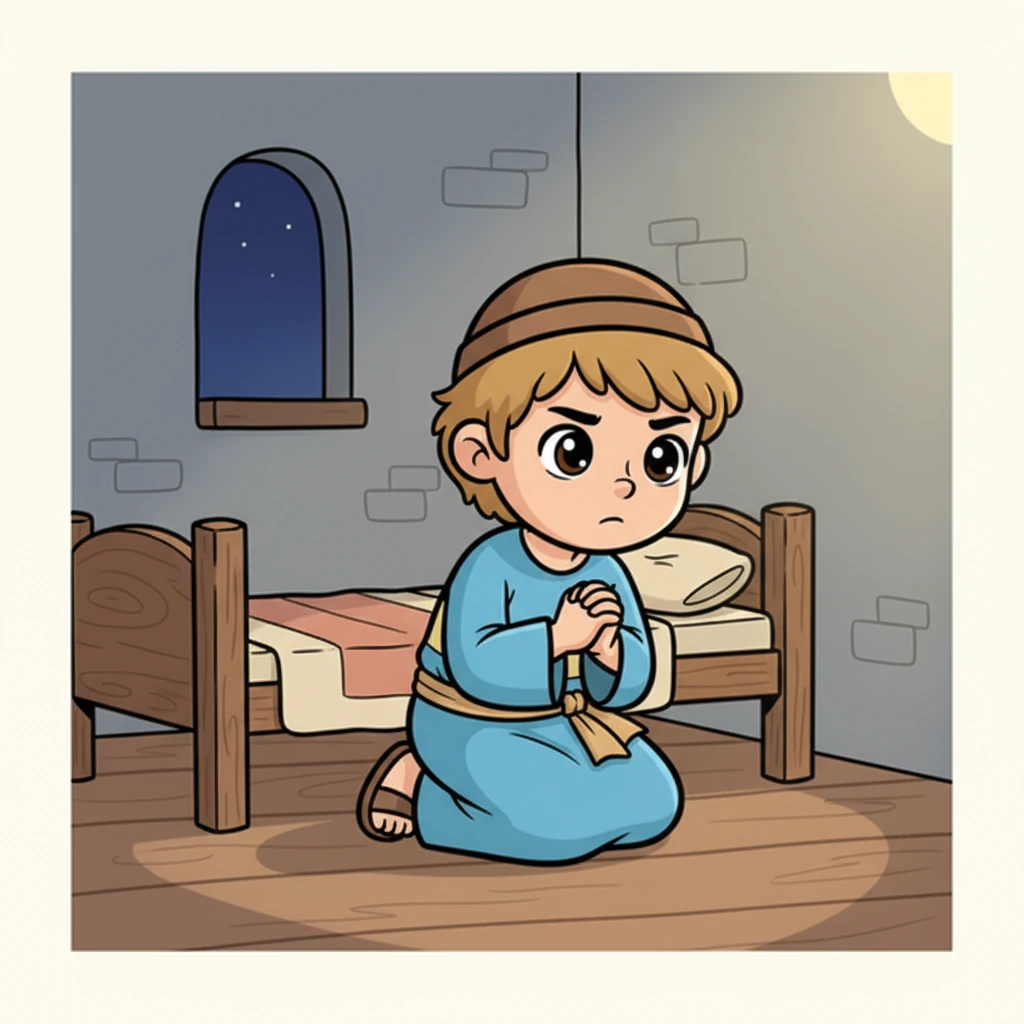 Tak lama kemudian, suara itu memanggil lagi dengan lebih jelas, "Samuel! Samuel!" Samuel dengan berani menjawab seperti yang diajarkan Eli. Tuhan kemudian berbicara dengannya, memberikan sebuah pesan penting tentang masa depan. Samuel mendengarkan dengan seksama, matanya terbelalak. Ilustrasi: Samuel berlutut di samping tempat tidurnya, menunduk dengan ekspresi serius dan mata terbelalak, cahaya lembut bersinar dari atas, menunjukkan kehadiran Tuhan.