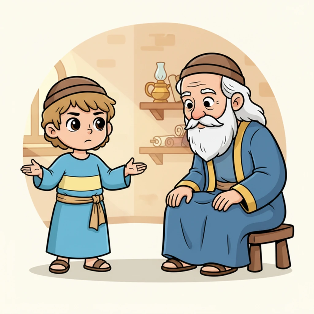 Pagi harinya, Eli memanggil Samuel dan bertanya apa yang Tuhan katakan kepadanya. Samuel awalnya takut, namun ia tahu harus jujur. Ia menceritakan semua pesan Tuhan kepada Eli, dengan wajah serius dan penuh keberanian. Ilustrasi: Samuel berdiri di depan Eli, menceritakan pesan Tuhan dengan ekspresi berani namun sedikit cemas, Eli mendengarkan dengan seksama, wajahnya menunjukkan pengertian.