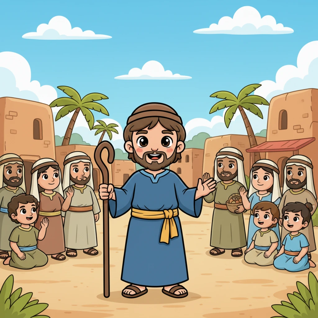 Samuel tumbuh menjadi seorang nabi yang bijaksana dan dihormati di seluruh Israel. Ia terus mendengarkan suara Tuhan dan memimpin umat-Nya dengan penuh hikmat. Dari seorang anak kecil yang setia, Samuel menjadi pemimpin besar yang dipercaya Tuhan. Ilustrasi: Samuel dewasa berdiri gagah dengan jubah kenabiannya, dikelilingi oleh orang-orang Israel yang mendengarkannya dengan penuh hormat, langit cerah dan penuh harapan.