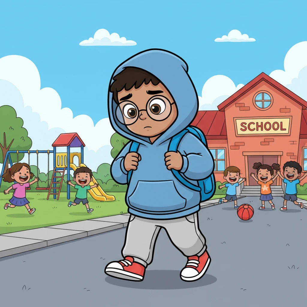 Sam walked into the bustling schoolyard, his shoulders hunched. He clutched his blue backpack tightly, his round glasses slipping down his nose as he looked at his shoes. The sounds of laughter and shouts seemed too loud for him.