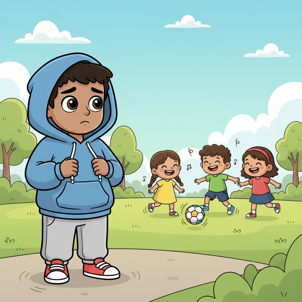 A group of kids kicked a colorful ball nearby, their giggles echoing. Sam wished he could join, but his feet felt glued to the ground. He pulled his hoodie strings tighter, feeling like an invisible speck in a world full of bright, busy stars.