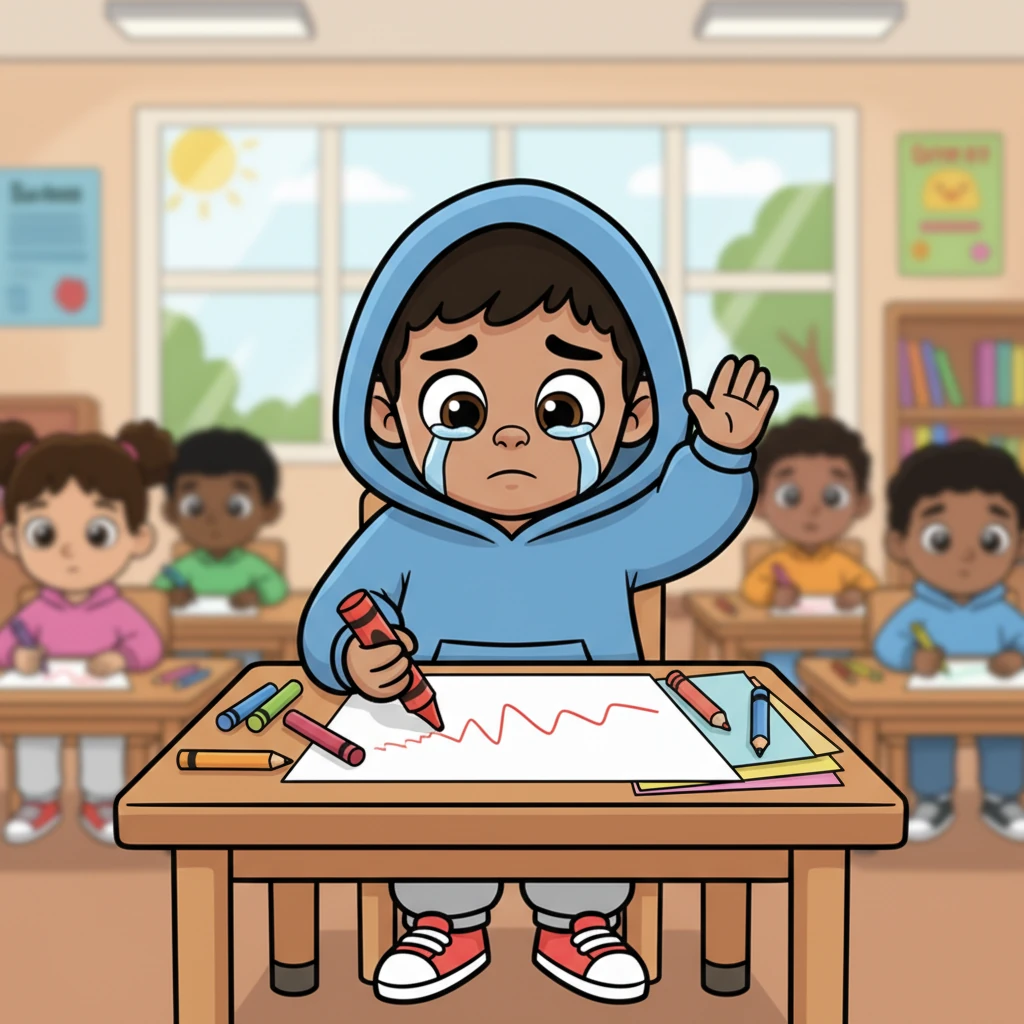 Back in the classroom, Sam tried to focus on his drawing, but a wobbly line appeared instead of a straight one. A tiny tear escaped his eye and rolled down his cheek, landing on his paper like a raindrop. He quickly wiped it away, hoping no one saw.