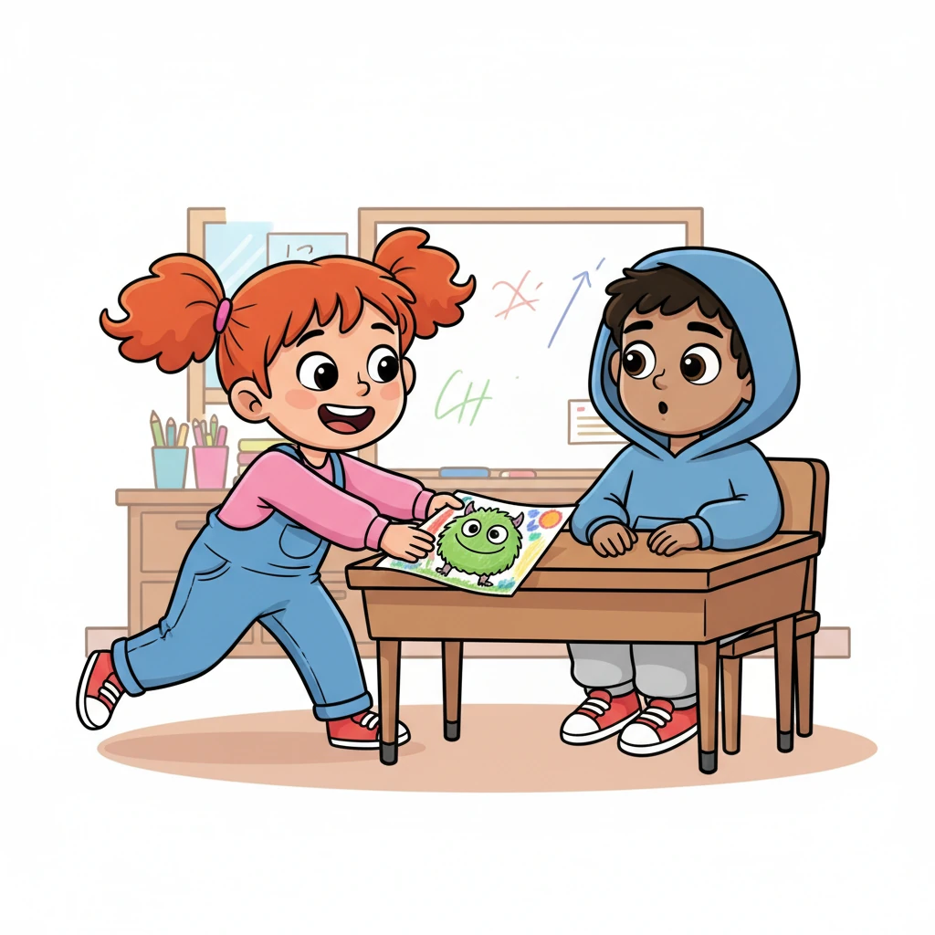 Just then, a girl with bright red pigtails and a sunny smile, named Lily, slid a colorful drawing across his desk. It was a picture of a happy little monster. "Hi, Sam," she whispered kindly. "I like your blue hoodie."