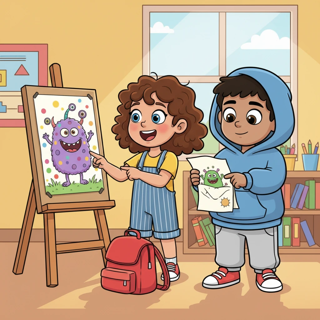 Lily pointed to a funny detail on her monster. Sam, still quiet, carefully pointed to a similar monster he had drawn, tucked away in his backpack. A small, almost invisible smile played on his lips as Lily gasped with delight.