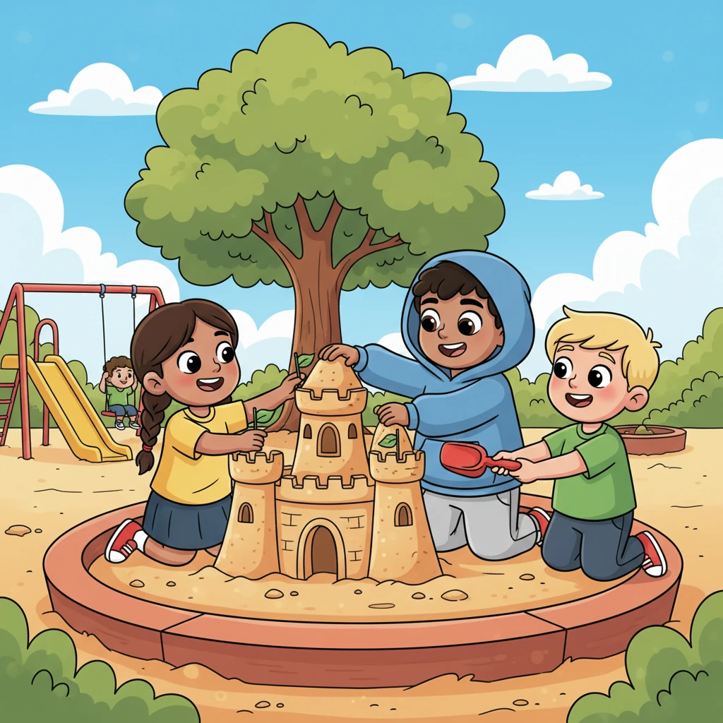 At afternoon recess, Sam didn't hide under the tree. He and Lily were busy building a magnificent sandcastle together, complete with tiny flags made from leaves. Sam even offered a small plastic shovel to another child who wanted to help.