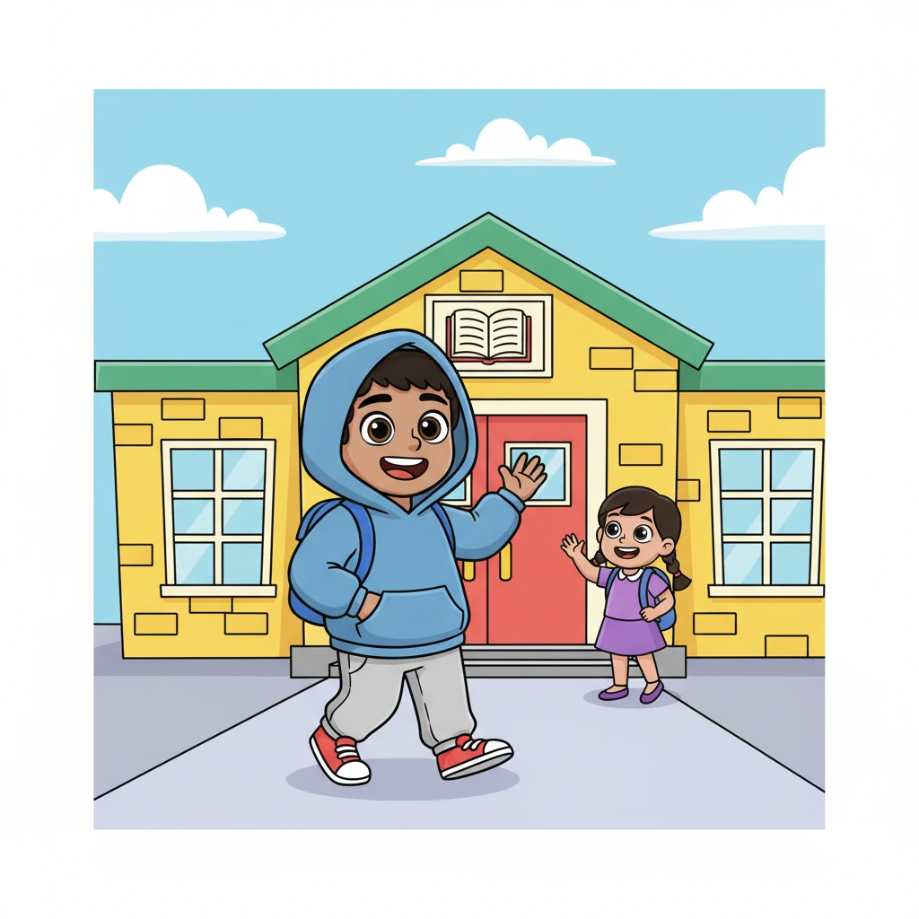 The next morning, Sam walked into school, his blue hoodie still comfy, but his backpack wasn't clutched tightly anymore. He waved a confident little wave at Lily, who was waiting by the door. A big, happy smile lit up his face, ready for a bright new day.