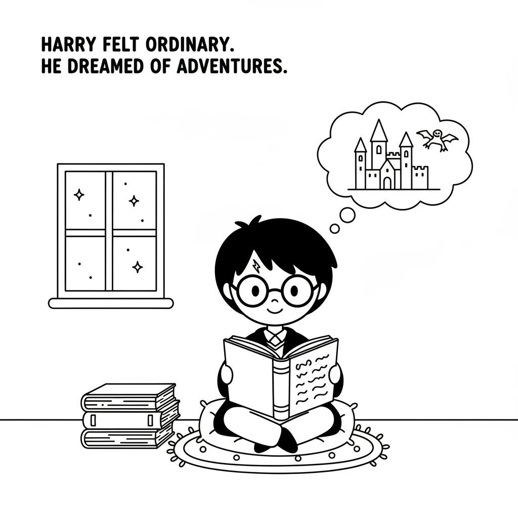 Harry, a small boy with round glasses, often felt a little ordinary. He liked to read books in his quiet room, dreaming of exciting adventures.