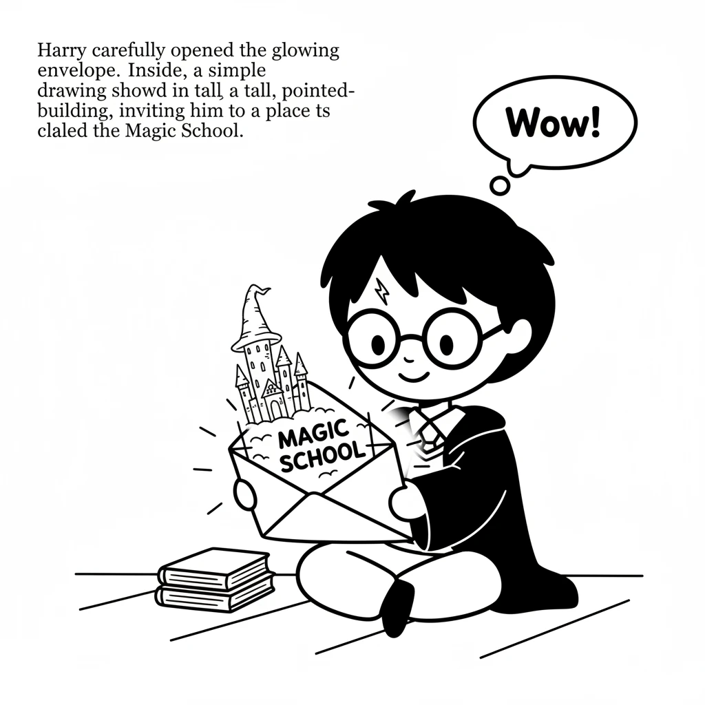 Harry carefully opened the glowing envelope. Inside, a simple drawing showed a tall, pointy-hatted building, inviting him to a place called the Magic
