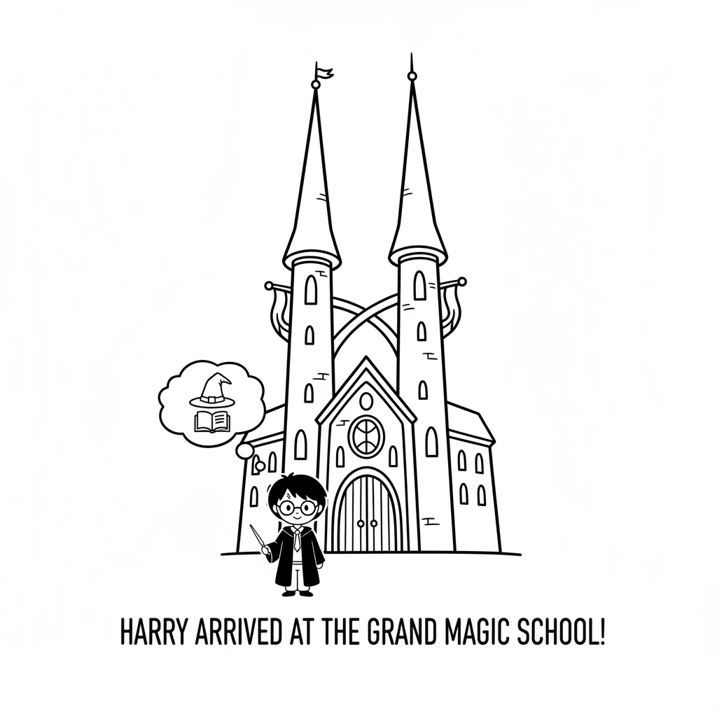 Filled with wonder, Harry arrived at the grand Magic School. Its towering spires and arched doorways welcomed him into a world he'd only dreamed of.