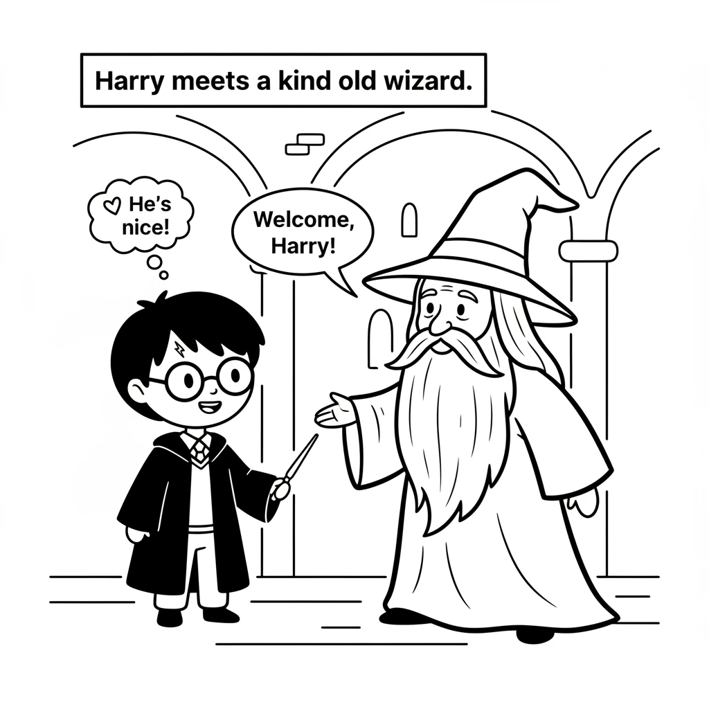 Inside the school, Harry met a kind old wizard with a long, flowing beard and a tall, wise hat. The wizard smiled warmly, making Harry feel instantly
