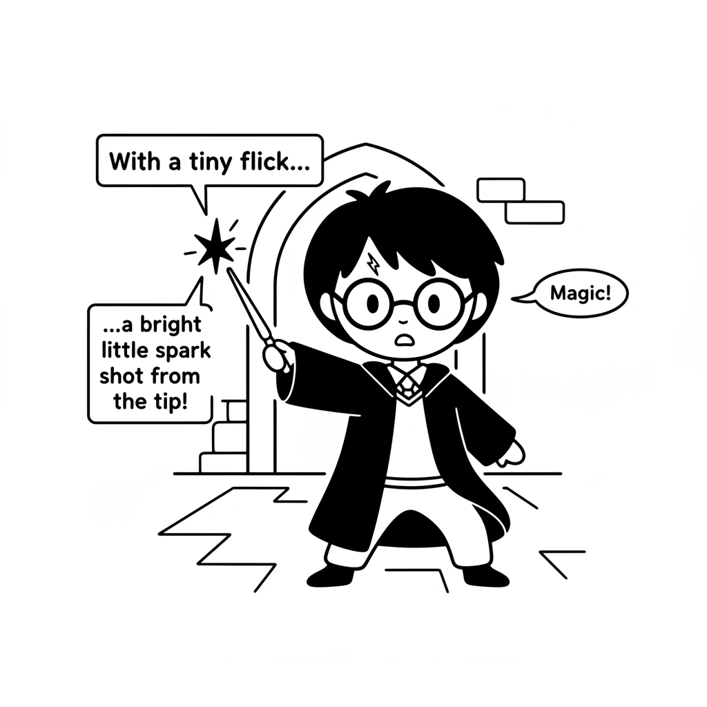 Holding the wand firmly, Harry tried his very first spell. With a tiny flick, a bright little spark shot from the tip, a clear sign of magic!