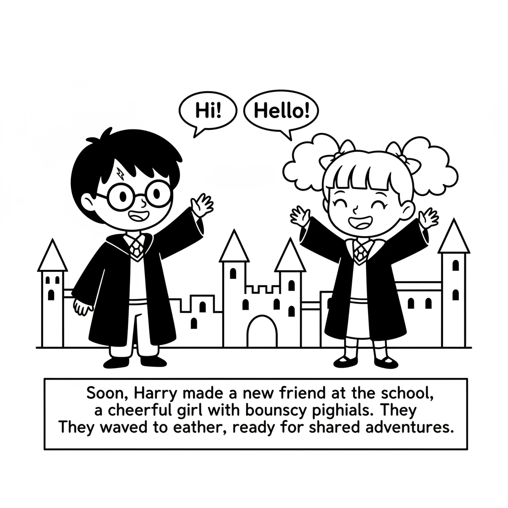 Soon, Harry made a new friend at the school, a cheerful girl with bouncy pigtails. They waved to each other, ready for shared adventures.