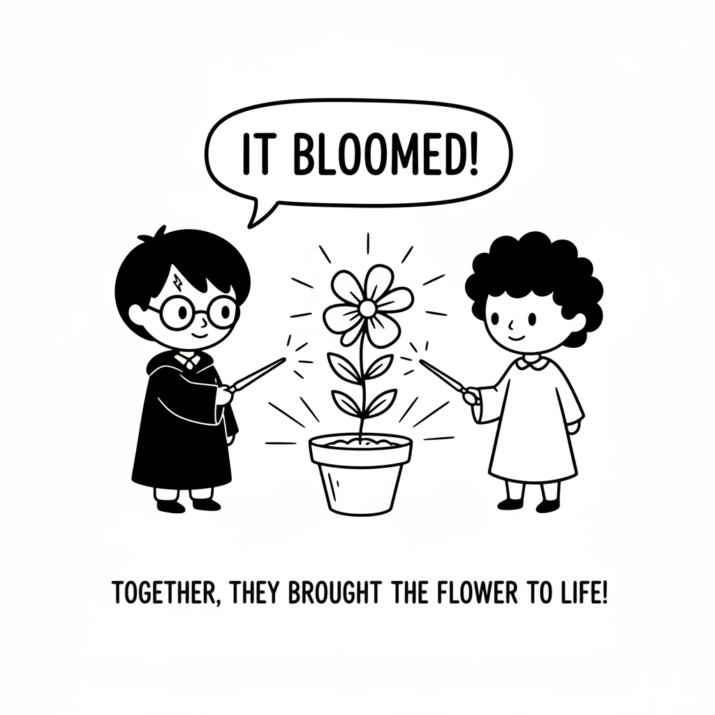Together, Harry and his new friend pointed their wands at a simple flowerpot. In an instant, a beautiful, vibrant flower bloomed right before their ey