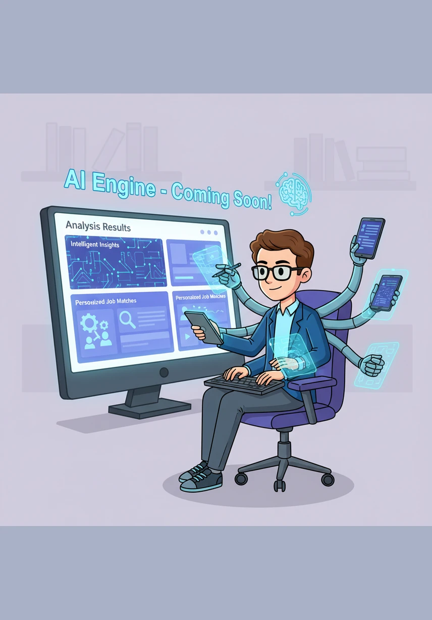 Alex designs the analysis result page, using sophisticated placeholders to represent the future AI engine. The interface promises that intelligent insights and job matching are just around the corner.