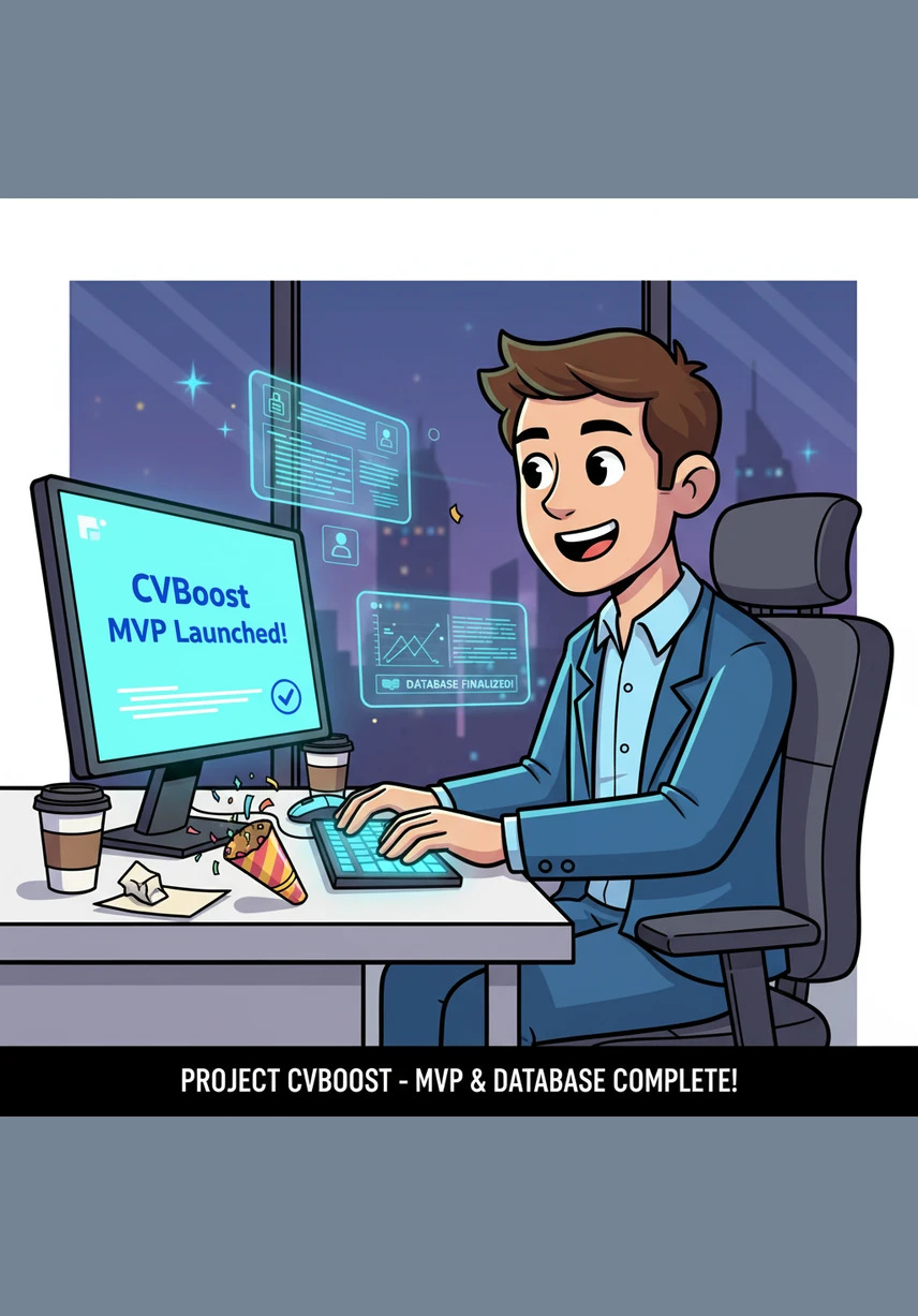 With the MVP complete and the database ready, Alex prepares to launch the foundation of CVBoost. The stage is set for the next phase of development, where artificial intelligence will finally meet the human career path.