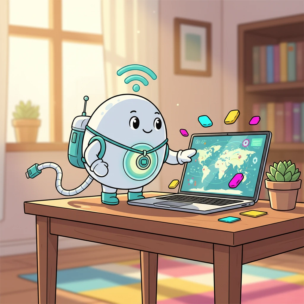 在一个明亮的房间里，小点，一根活泼的小网线，好奇地看着桌上的电脑。他梦想着能够连接到外面广阔的世界。