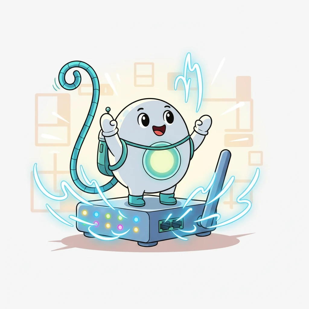 小点被插入了一个闪着灯光的路由器。这是他第一次感受到电流的涌动，兴奋得尾巴都翘了起来。