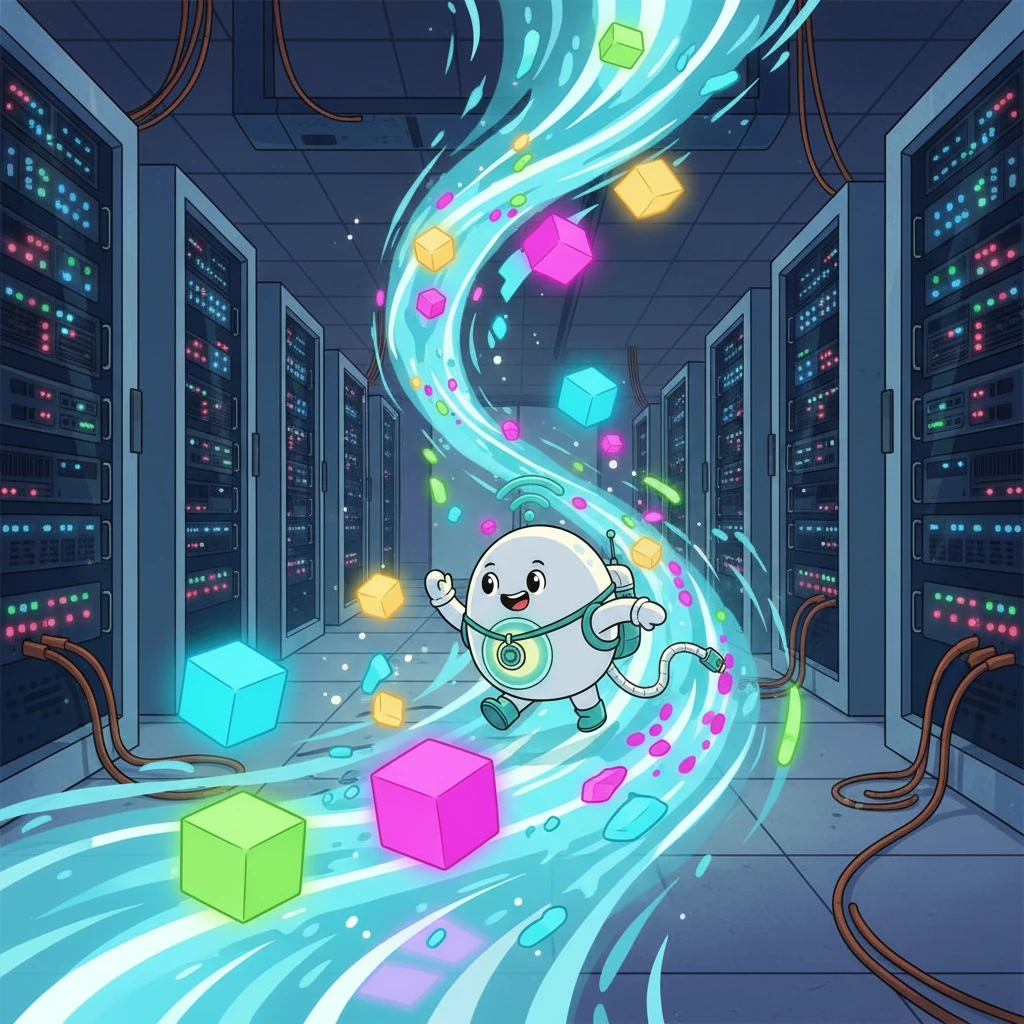 他来到了一个巨大的服务器机房，这里充满了嗡嗡作响的机器和闪烁的指示灯。小点感到自己是如此渺小，又如此重要。