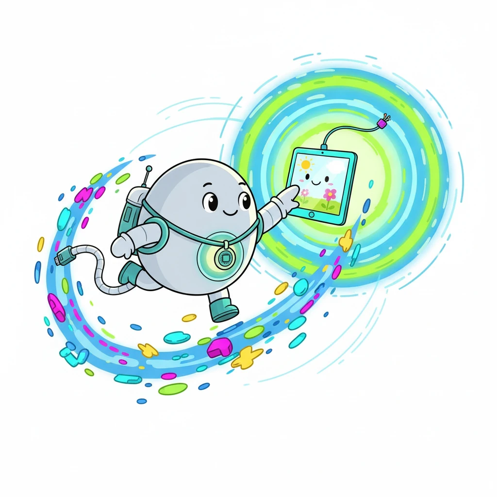 小点遇到了一个友善的平板电脑，他们互相交换着信息。小点帮助平板电脑连接到了互联网，平板电脑开心地展示着图片。