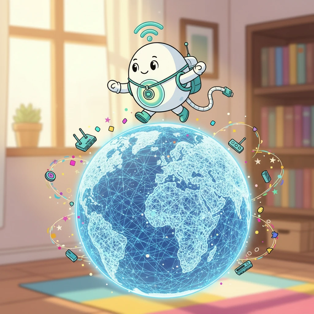 小点跳到了一颗巨大的地球模型上，模型表面布满了密密麻麻的蓝色光线，那是全球的网络连接。他看到了许多不同的网络设备，像小星星一样闪烁。