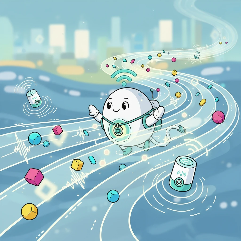 他看到了一群小小的智能音箱正在通过网络播放音乐。小点感到非常自豪，因为他也是这美妙连接的一部分。