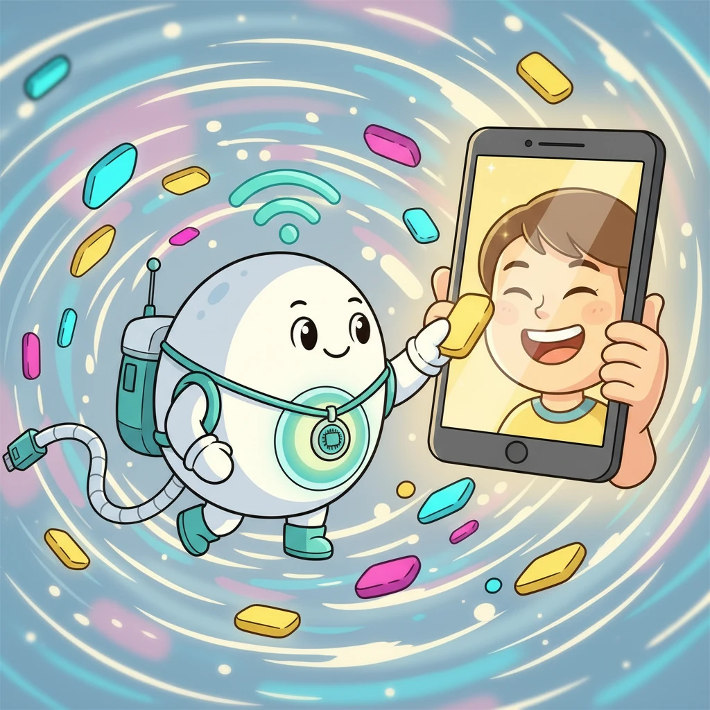 经过一番努力，信息成功抵达了目的地，一个遥远的智能手机。手机用户露出了开心的笑容，小点也感到无比满足。