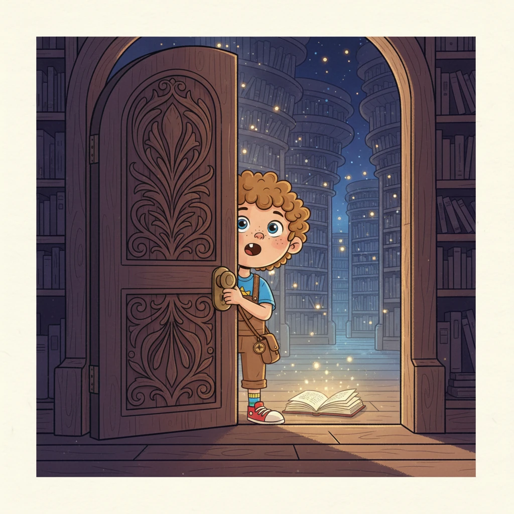 A curious young boy named Milo peeks around a tall, ornate wooden door, which is slightly ajar. Beyond the door, a soft, magical glow emanates from what appears to be an endless library at night. The scene is bathed in deep blues and purples, with twinkling lights, inviting readers into a world of wonder.