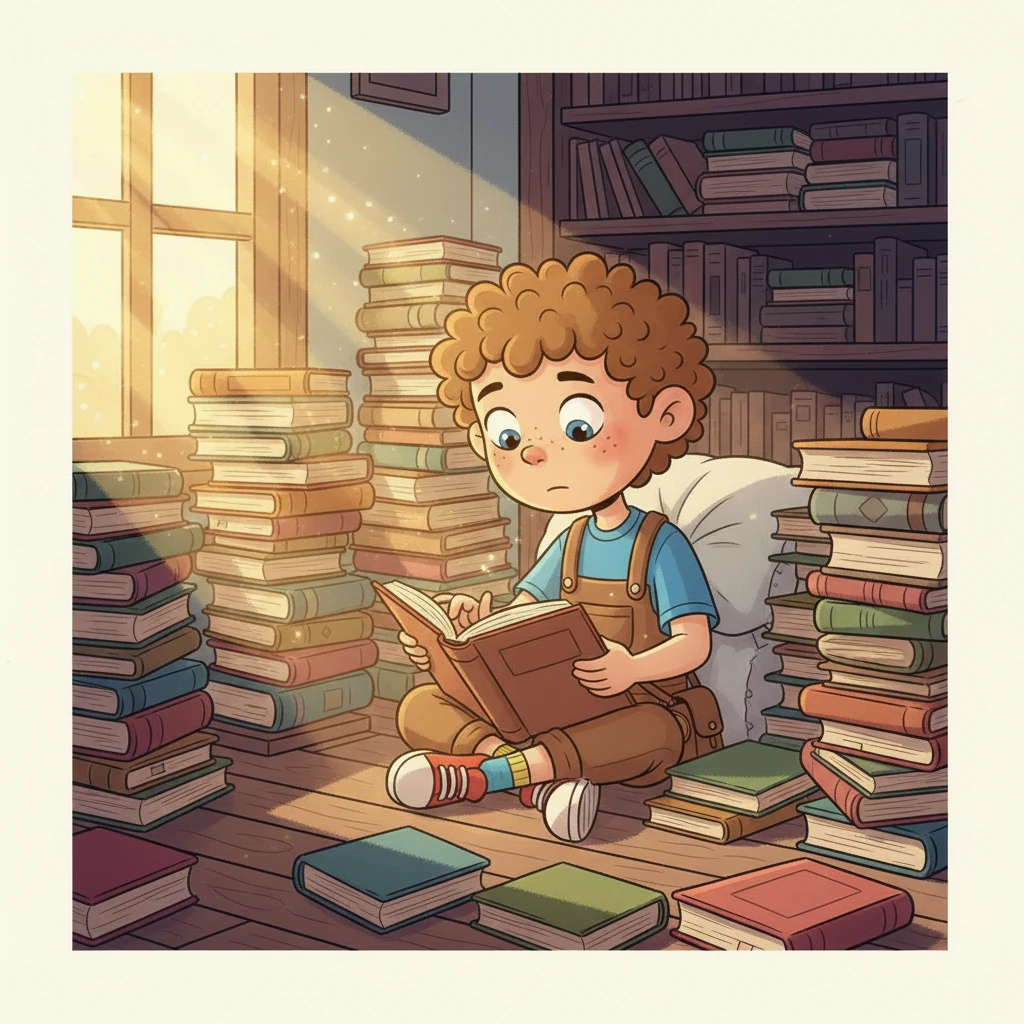 Milo sits quietly in his cozy bedroom, surrounded by stacks of well-loved books. He looks a little shy, perhaps a bit lonely, but a spark of imagination twinkles in his eyes as he holds an open book. Sunlight streams gently through his window, illuminating dust motes dancing in the air.