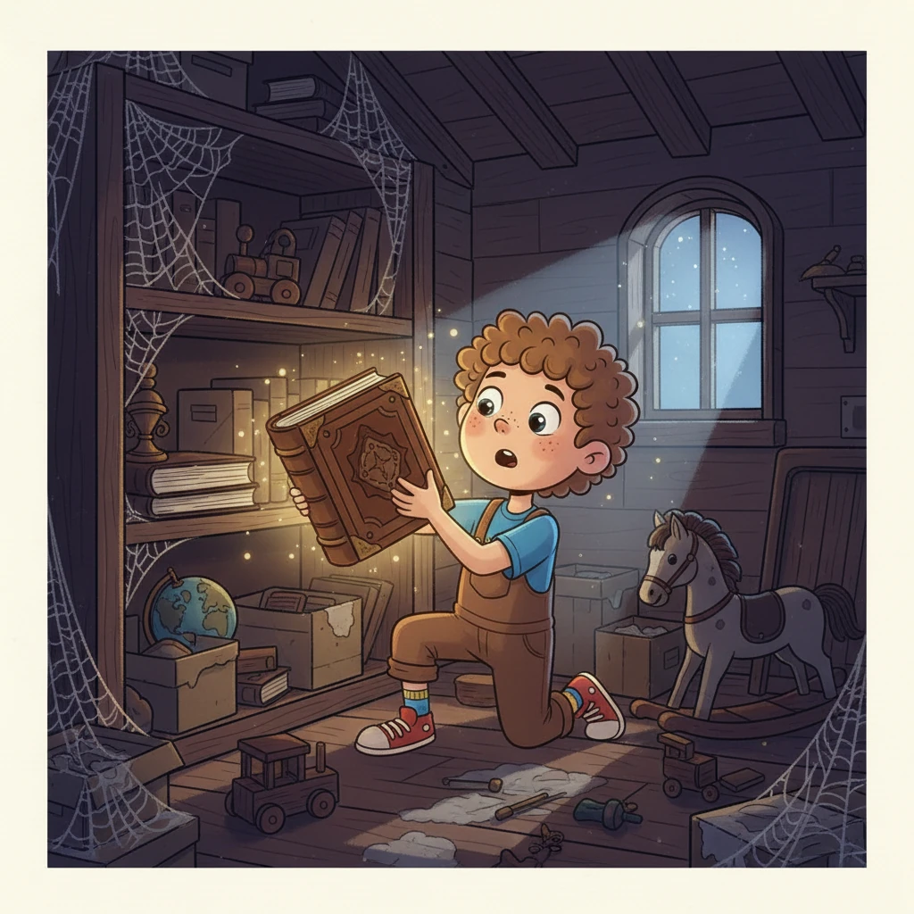 Dust motes swirl around Milo as he carefully pulls an ancient, leather-bound book from a forgotten corner of his attic. The book, old and worn, begins to emit a faint, warm glow in his hands. Cobwebs and forgotten treasures surround him, adding to the sense of discovery and mystery.