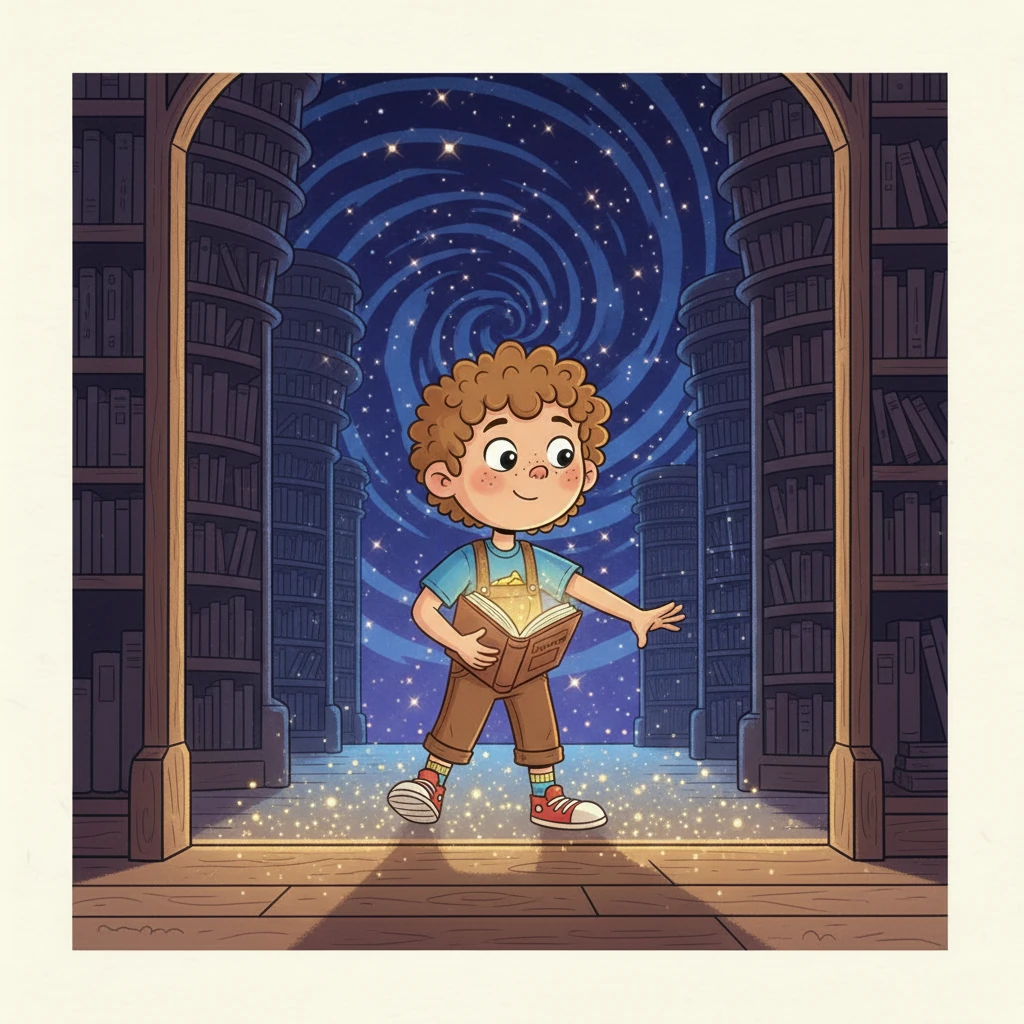Milo's eyes widen in wonder as the attic wall behind him shimmers and transforms into a grand, glowing entrance. He stands at the threshold of the magnificent Midnight Library, its shelves reaching impossibly high into a starry, indigo ceiling. Magical light spills out, inviting him into its depths.