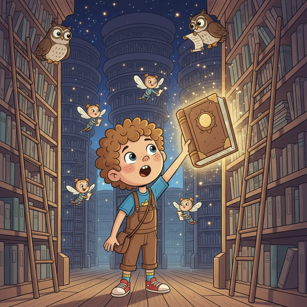 Inside the library, Milo gazes up at towering shelves filled with books that glow with soft, inviting light. Fantastical creatures, like tiny winged sprites fluttering with scrolls and and wise-looking owls perched on ladders, move gracefully among the books. The air hums with quiet magic and endless stories.