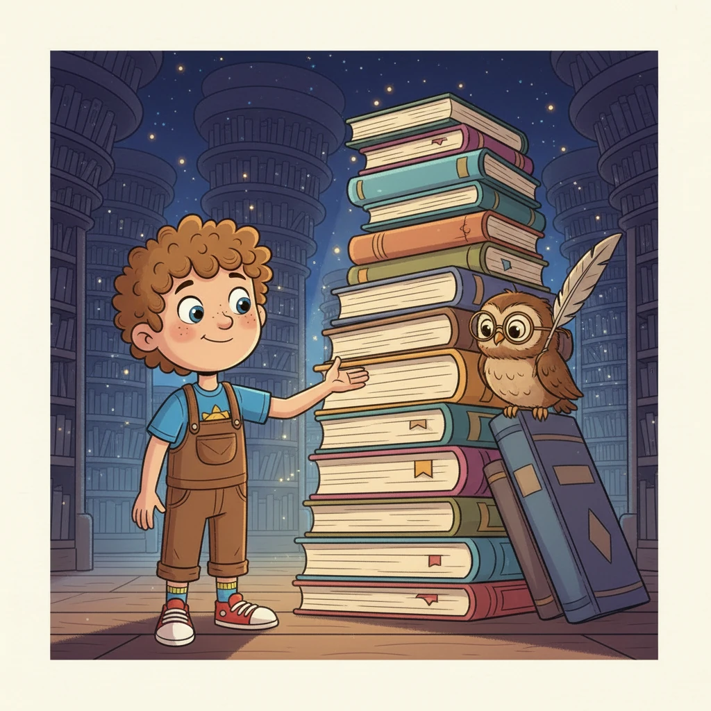A small, fluffy owl, wearing tiny spectacles and holding a quill, shyly peeks out from behind a stack of books. This is Professor Hoot, the Midnight Librarian, a gentle guide for lost stories. Milo smiles gently, realizing he's found a new, quiet friend in this magical place.