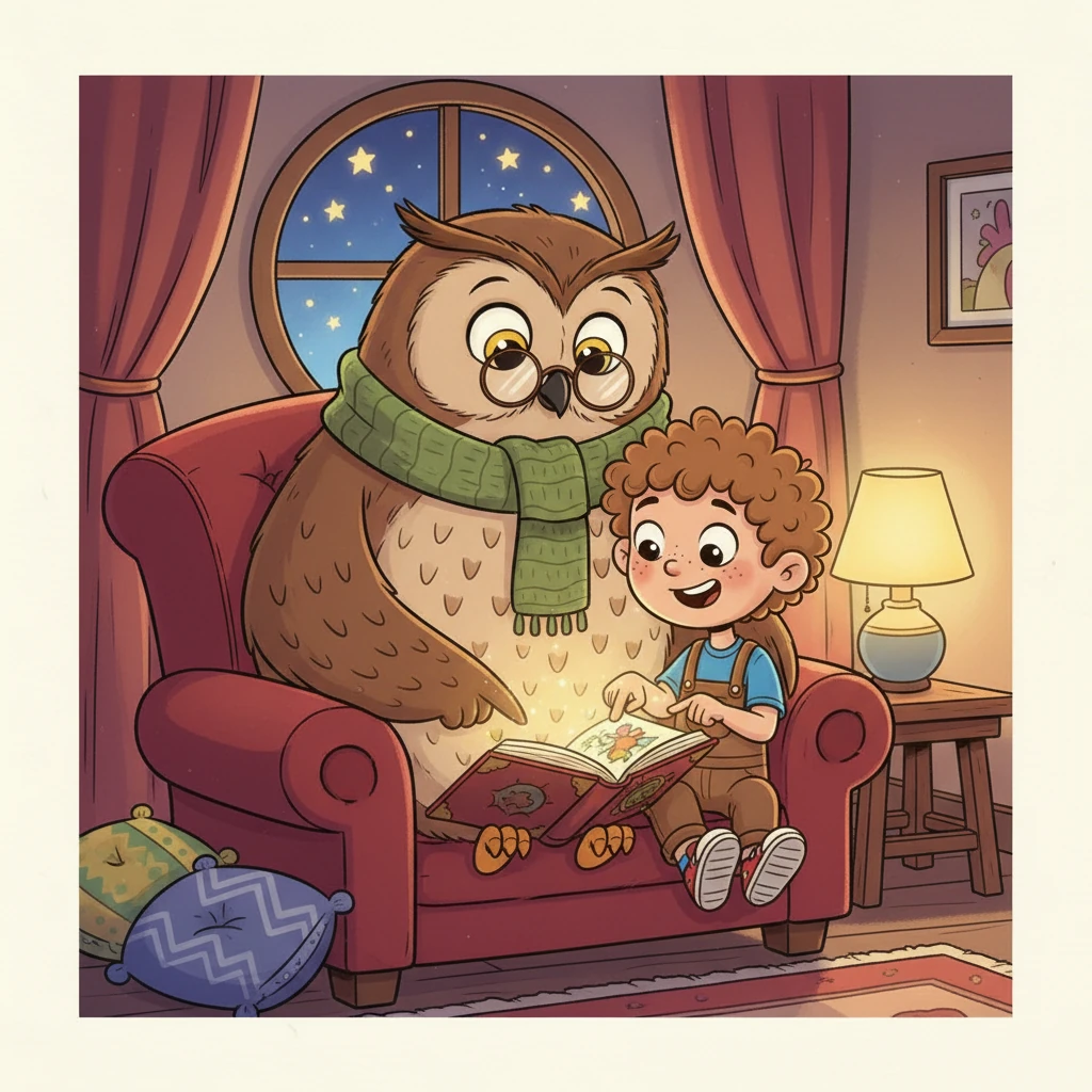 Milo and Professor Hoot sit together on a plush, oversized armchair, both engrossed in an open storybook. The pages seem to glow with the adventure they are reading, and a shared sense of wonder fills the air between them. They are connected by the power of the story and the joy of shared imagination.