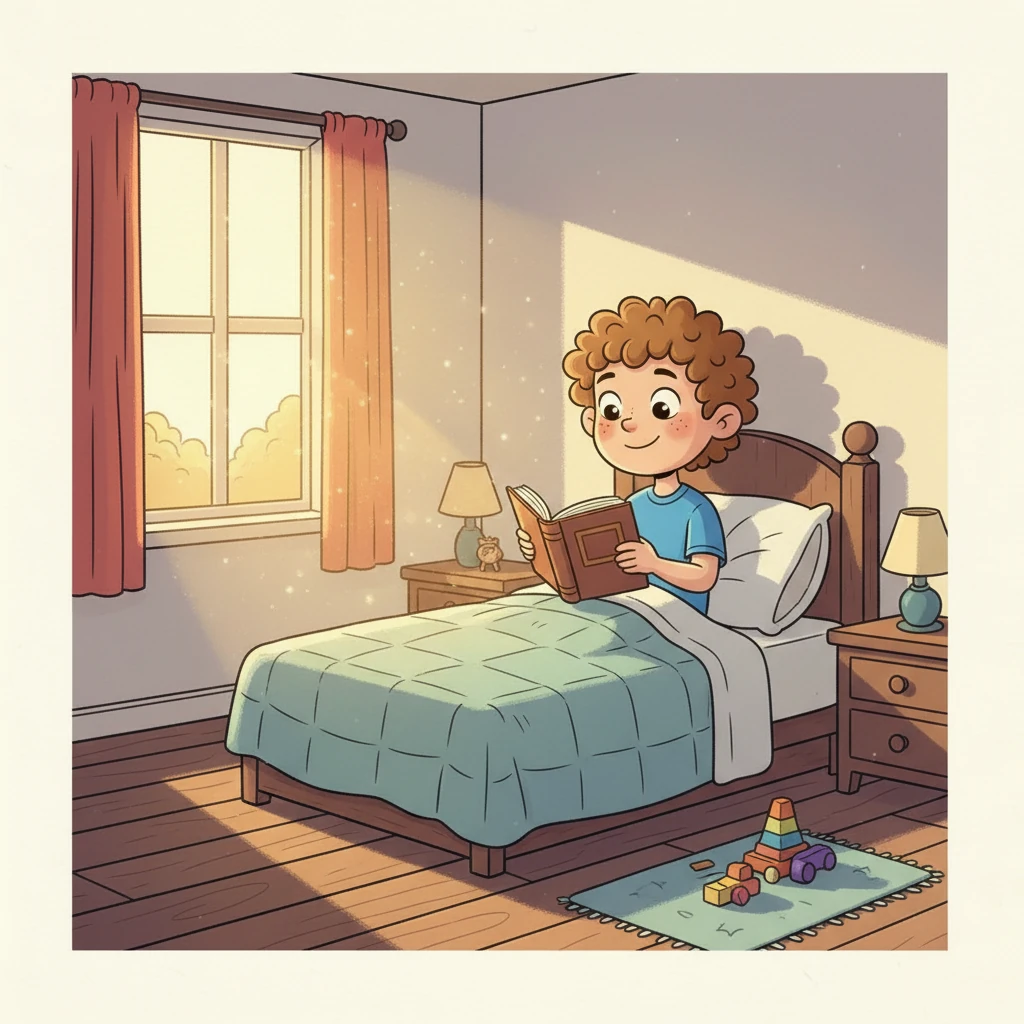 As dawn approaches, Milo finds himself back in his own bedroom, the magical book now just an ordinary, cherished volume in his hands. A soft smile plays on his lips, and a newfound confidence shines in his eyes. The adventure of the Midnight Library has transformed him, leaving a lasting warmth.