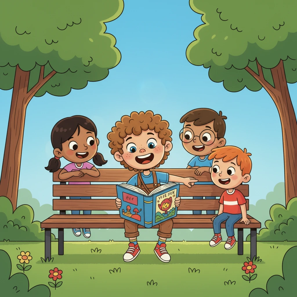 Milo, no longer shy, sits on a park bench, eagerly sharing a story from his book with a group of smiling friends. The sun shines brightly, and everyone listens intently, understanding that the greatest magic isn't just in books, but in sharing them and the adventures they inspire, building connections.