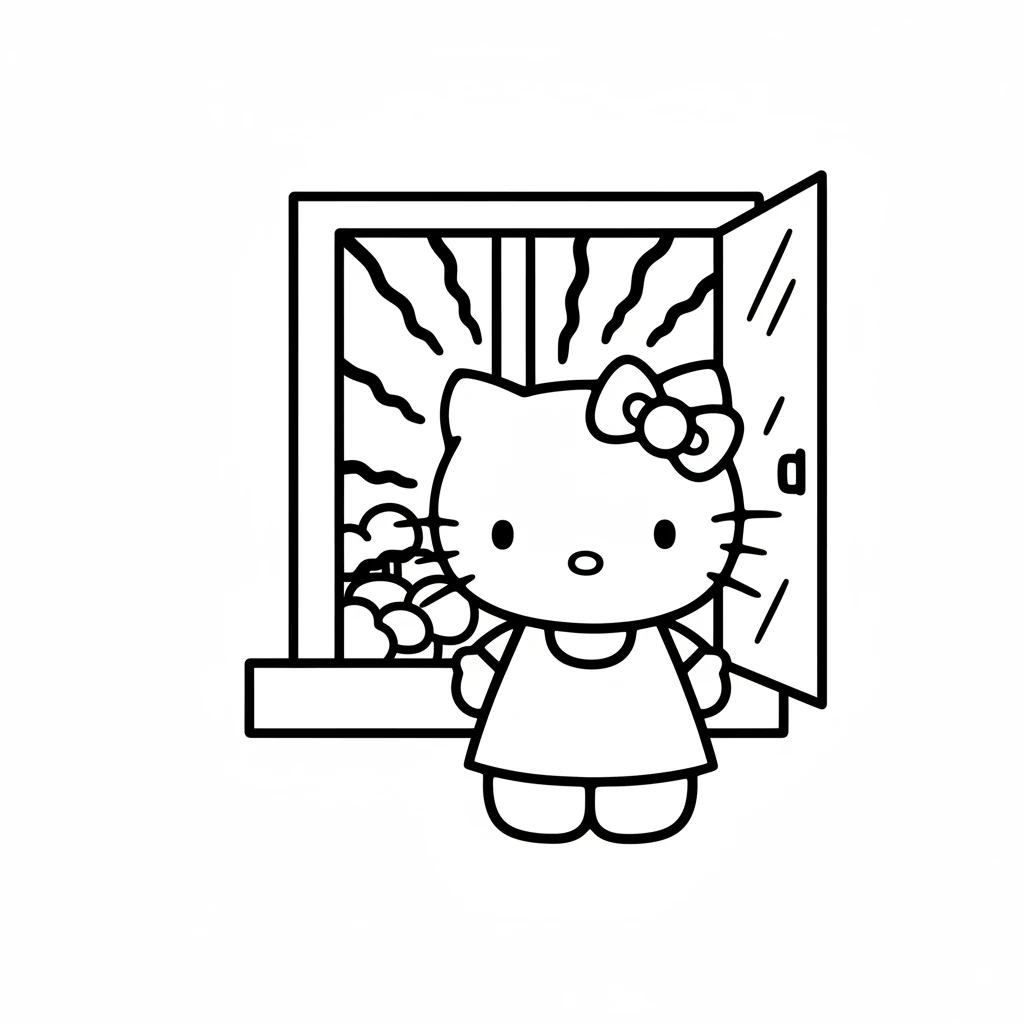 Hello Kitty opens her eyes wide, a happy smile on her face. The bright morning sun peeks through her window, promising a beautiful day.