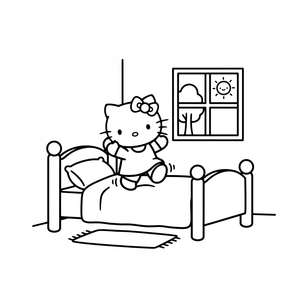 She hops out of bed, feeling excited for a new adventure. Hello Kitty decides to explore the world just outside her cozy home.