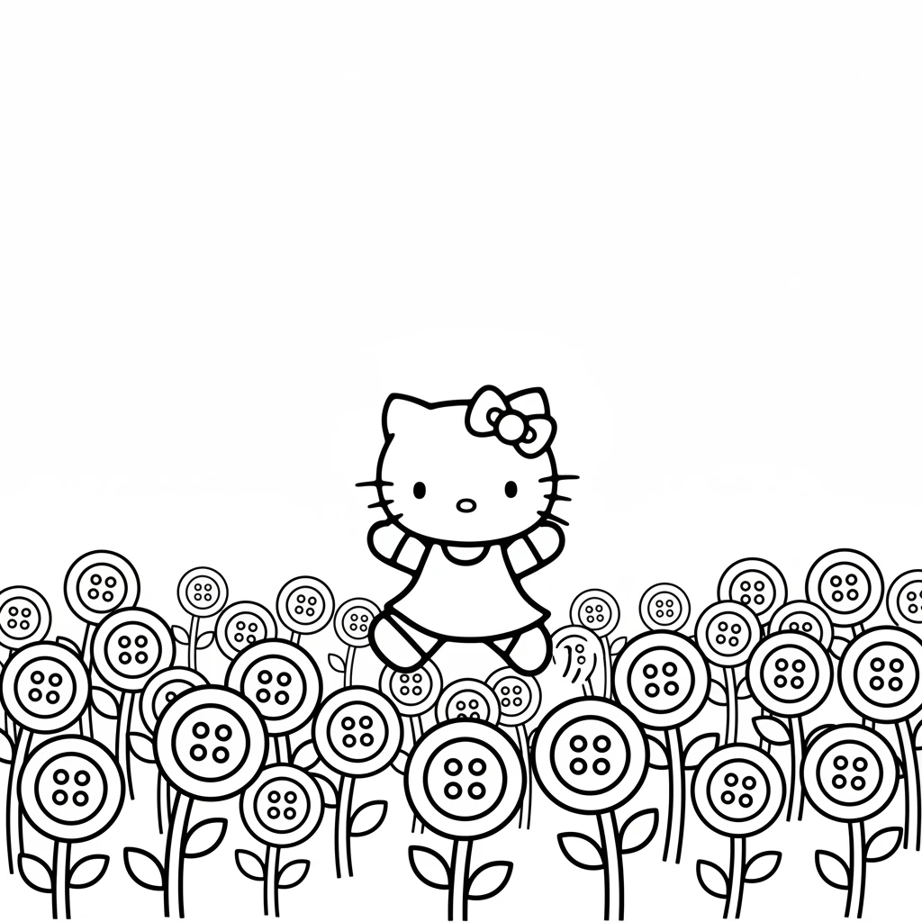 Hello Kitty skips through a field of tall, swaying flowers. Their round petals look like cheerful buttons all around her.